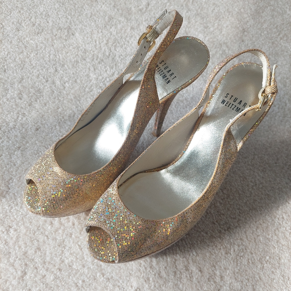 Stuart Weitzman Gold Glitter Peep Pumps Platform Heels